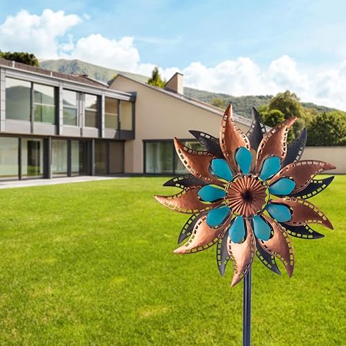 Miniatura 9 de VEWOGARDEN Molinillos de viento de flores, esculturas de viento cinéticas y molinillos de viento de metal para exteriores para patio y jardín, 62.5