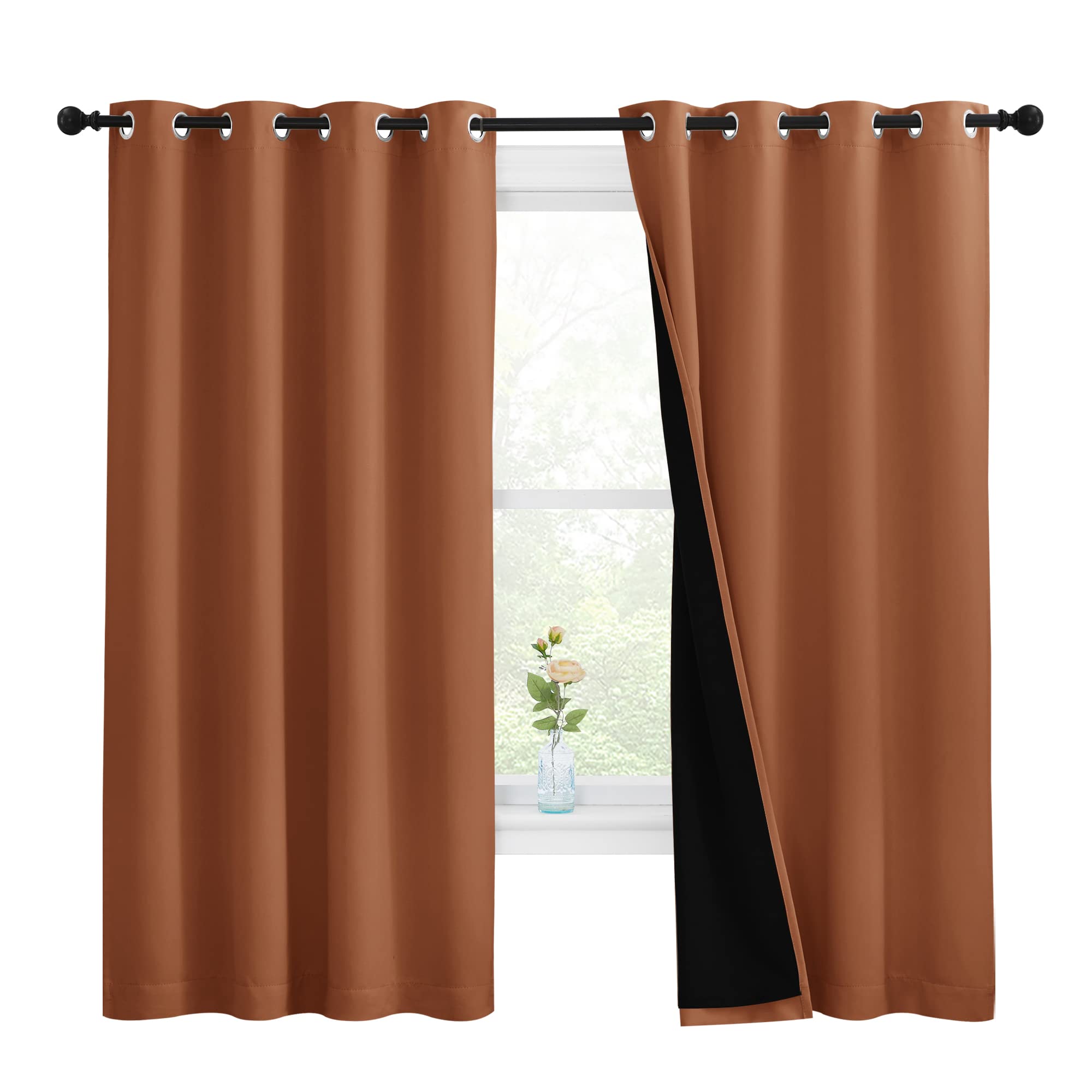 NICETOWN Burnt Orange 100% Blackout Lined Curtains, 2 Thick Layers Completely Blackout Window Treatment Thermal Insulated Drapes for Kitchen/Bedroom (1 Pair, 55-inch Width x 68-inch Length per Panel)