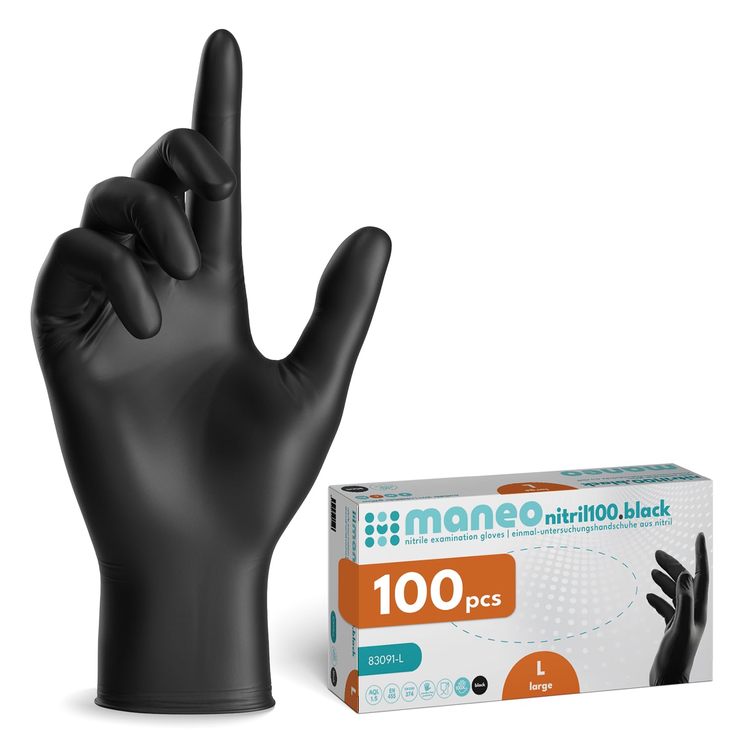 maneo 100x Einweghandschuhe Schwarz, Einmalhandschuhe in L, puderfreie Handschuhe Einweg, latexfreie Gummihandschuhe, Nitrilhandschuhe, Putz-, Koch- & Haushalts-Handschuhe