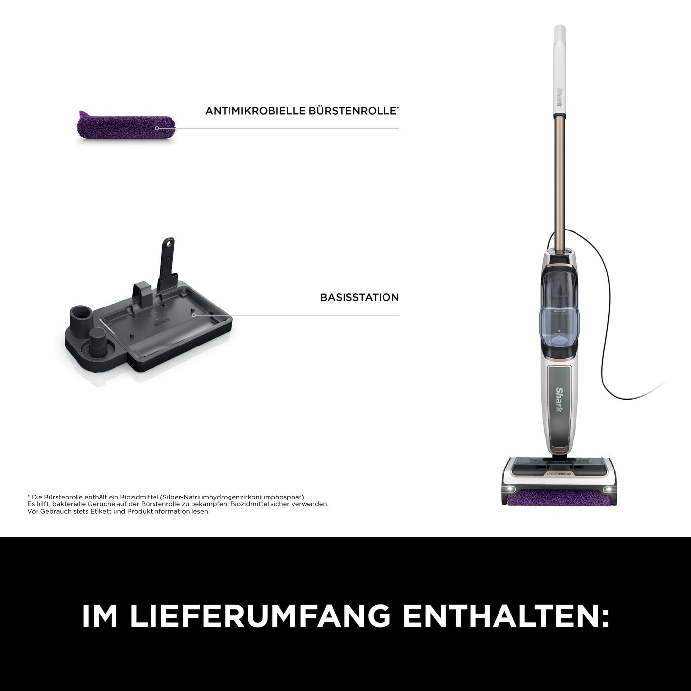 Shark SteamPickUp 3-in-1-Dampfreiniger, hygienische Reinigung mit Dampf für harte Böden, chemiefrei, 420ml Fassungsvermögen, Extra-Bürstenrolle, Aufbewahrungsstation, Bürstenrollenhalter, Weiß SD200EU