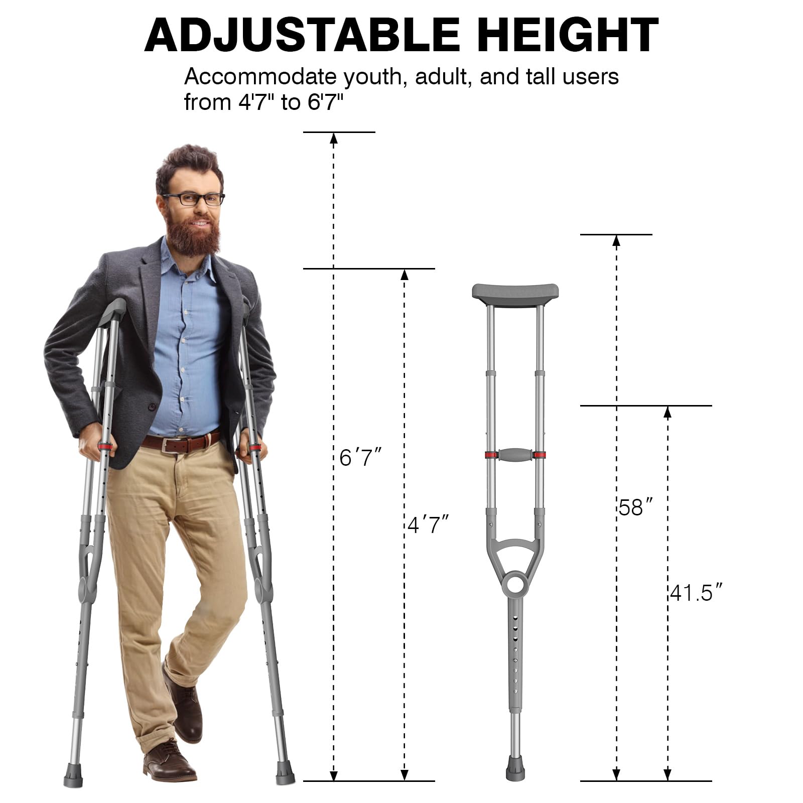 Adjustable Crutches with Padded Grips Height Adjustable Mobility Aid, Aluminum Underarm Support 330LB Adjustable Height 38.2-61.8 in Non-Slip Tips, Tool-Free Setup One Pair — Amazon image 3