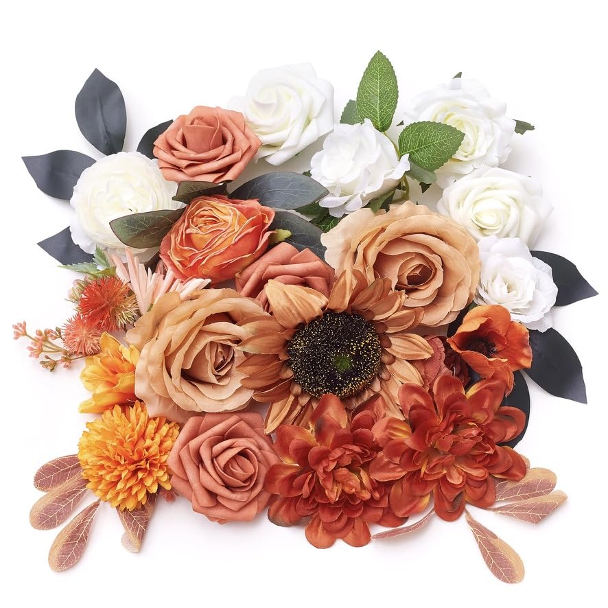 The Baked Studio - Artificial Silk Flower Heads & Foilage for Cake Decorating Weddings & Crafts (White, Orange & Burnt Orange)