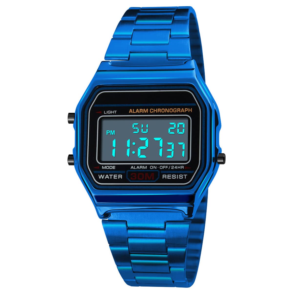 DaMohonyReloj digital para hombre, correa de acero inoxidable, reloj deportivo digital, resistente al agua, reloj LED electrónico, reloj casual con retroiluminación EL