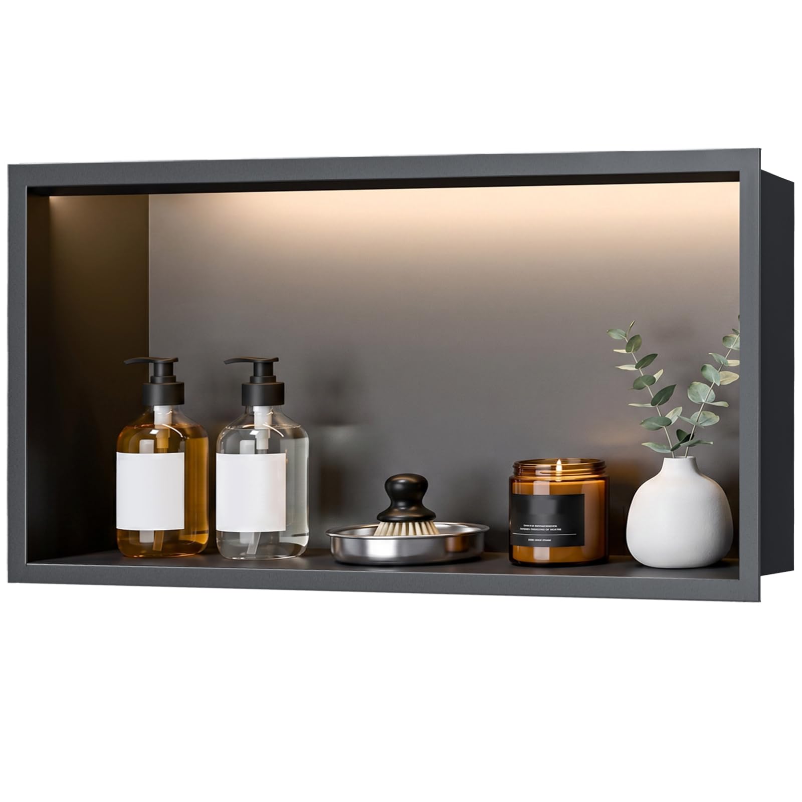 Ducha de 60 x 30 cm, nicho de pared de acero inoxidable 304, nicho de ducha empotrado con iluminación LED y transformador, resistente al agua, nicho de pared, ducha, estante individual, almacenamiento