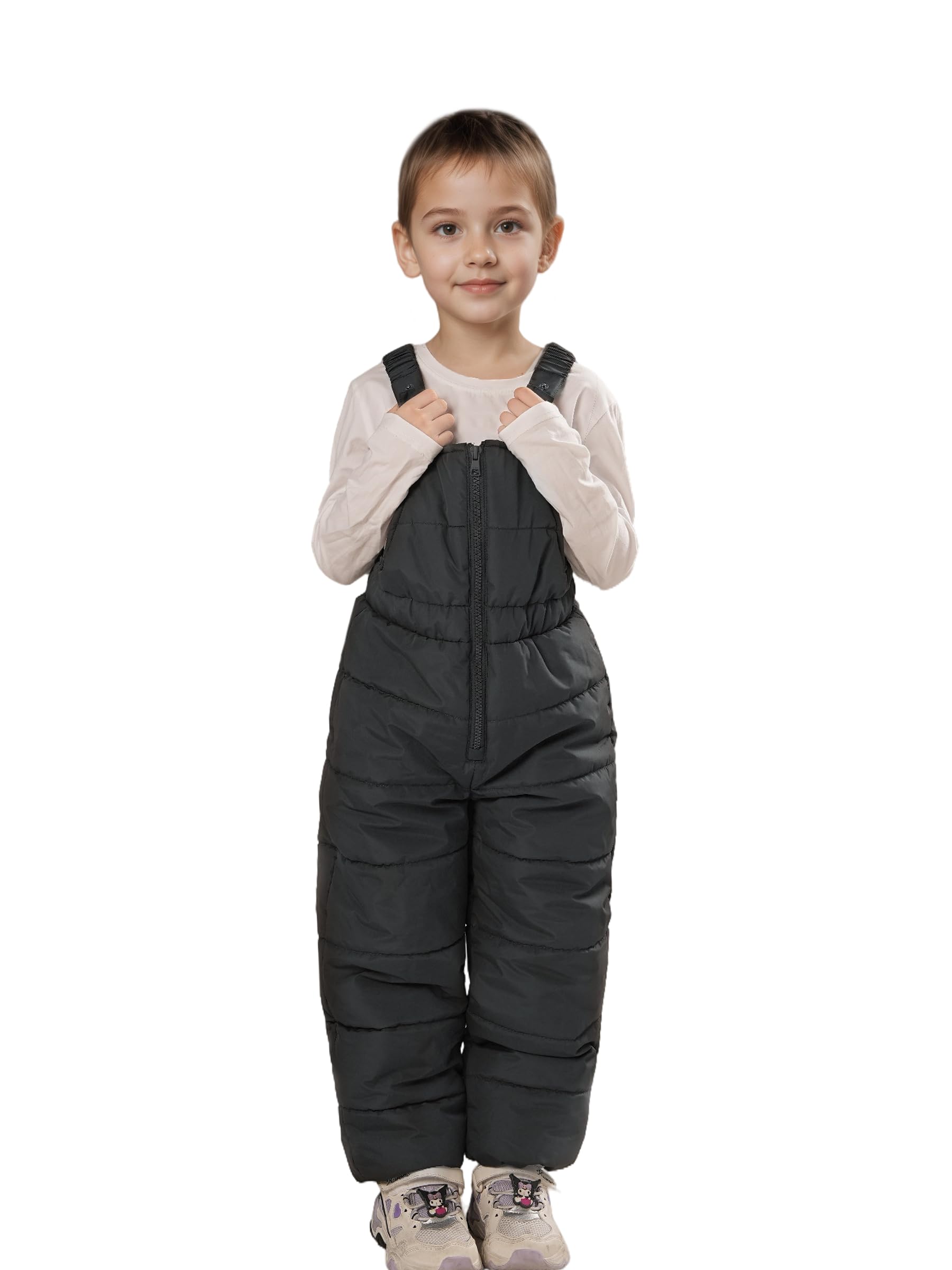 Sunny Sprout Pantalone da Neve per Bambini con Bretelle - Grigio Scuro Imbottito Impermeabile con Zip Frontale - Tuta Termica per Sci e Giochi Invernali
