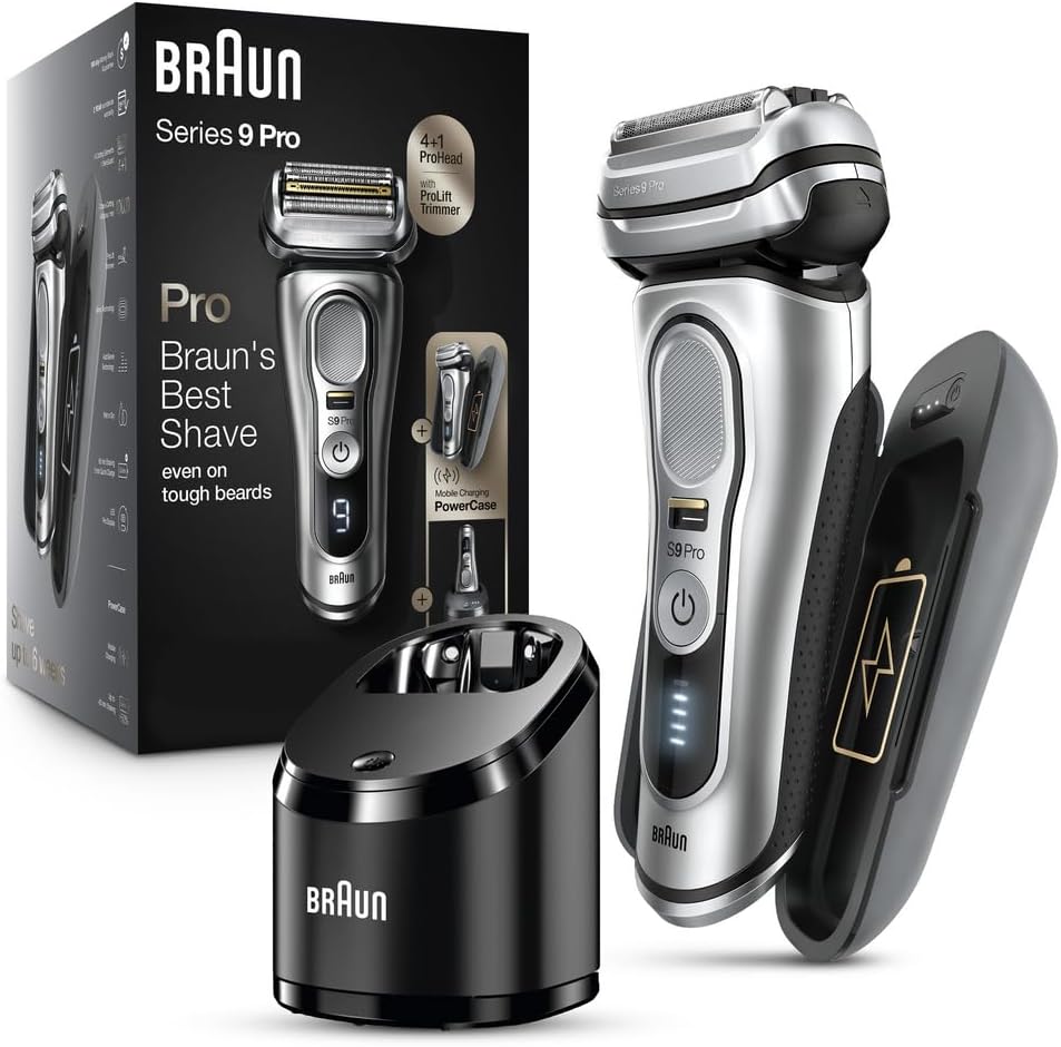 Electric Razor for Men, Waterproof Foil Shaver, Series 9 Pro 9477cc, Wet & Dry Shave, with Portable Charging Case, ProLift Beard Trimmer, 5-in-1 Cleaning & Charging SmartCare Center, Silver