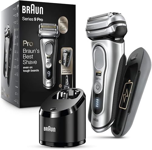 Braun Electric Razor for Men, Waterproof Foil Shaver, Series 9 Pro 9477cc, Wet & Dry Shave, with Portable Charging Case, ProLift Beard Trimmer, 5-in-1 Cleaning & Charging SmartCare Center, Silver