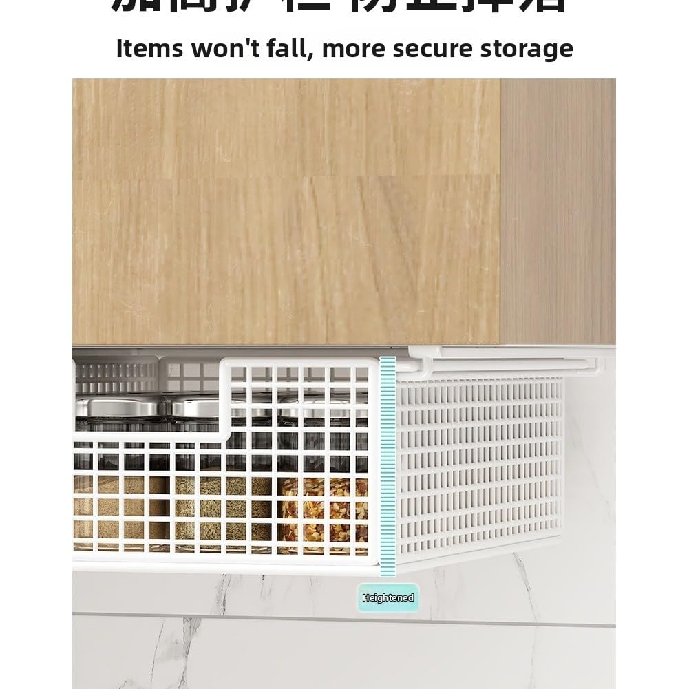 RichVibe - Organizzatore da appendere sotto il mobile con cassetto portaoggetti per utensili da cucina, 37x22x9 cm, in materiale ferro con alte guide laterali, design estraibile, bianco/nero