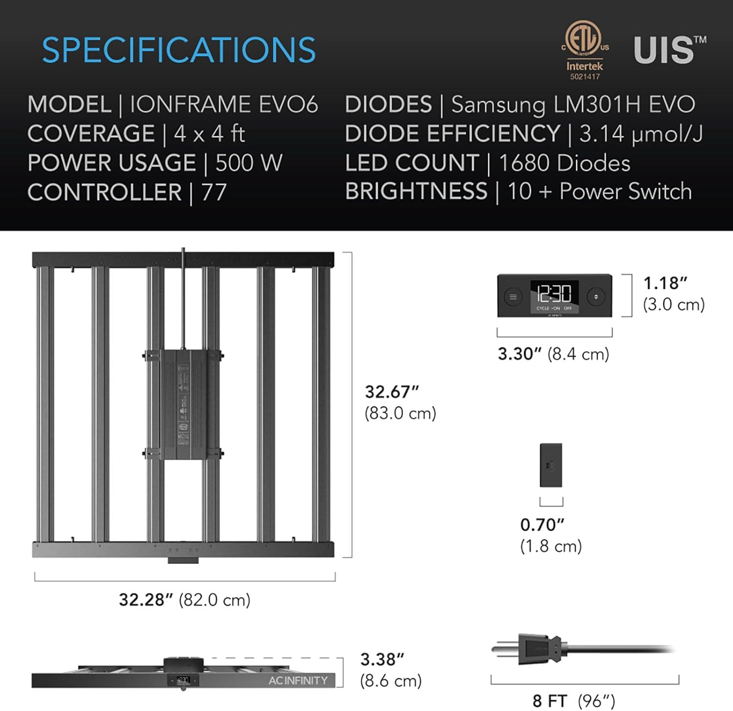 Detailed dimensions and specifications of the AC Infinity IONFRAME EVO6