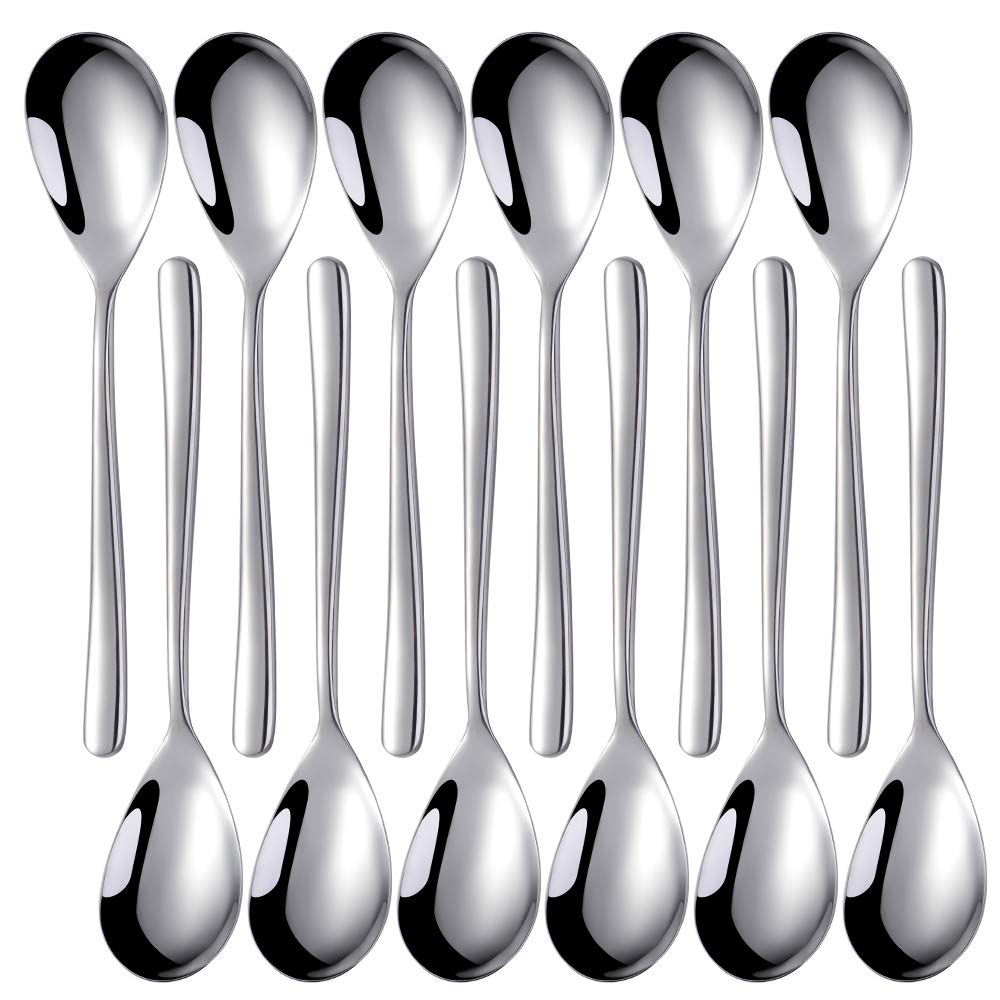 Set di 12 cucchiai da tavola in acciaio inox, resistenti e lucidanti a specchio, 20 cm, ideali per matrimoni, feste, casa, cucina, lavabile in lavastoviglie, colore: argento