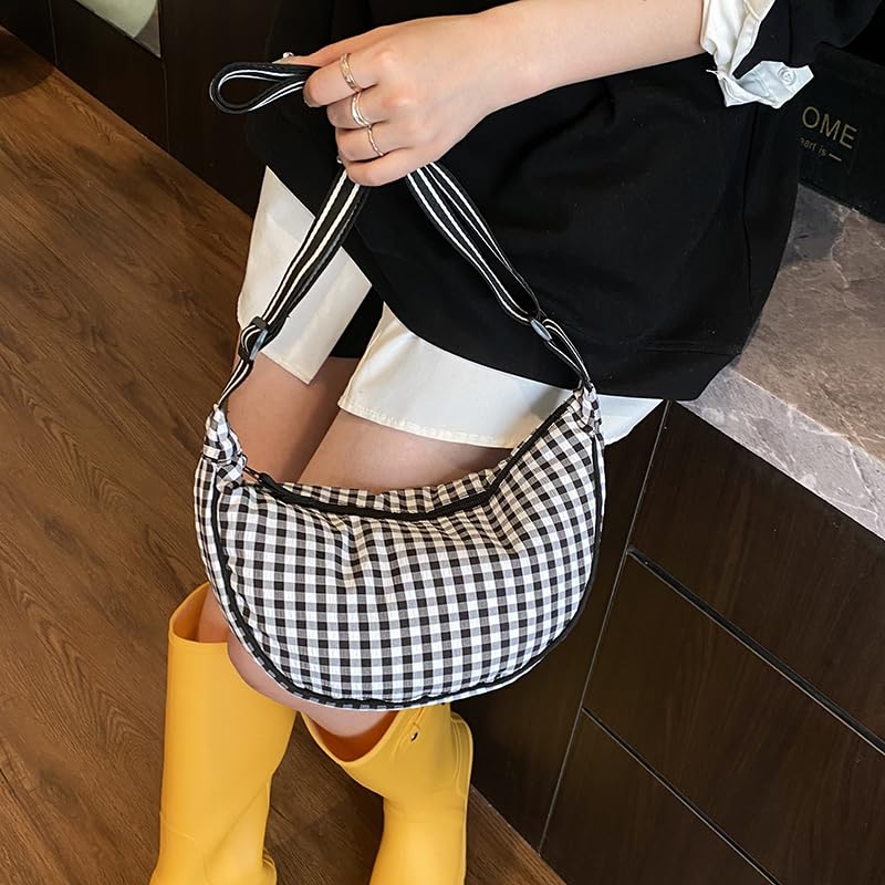 Women's Checkered Nylon Crescent Crossbody Bag Adjustable Strap Large Capacity Travel Purse3