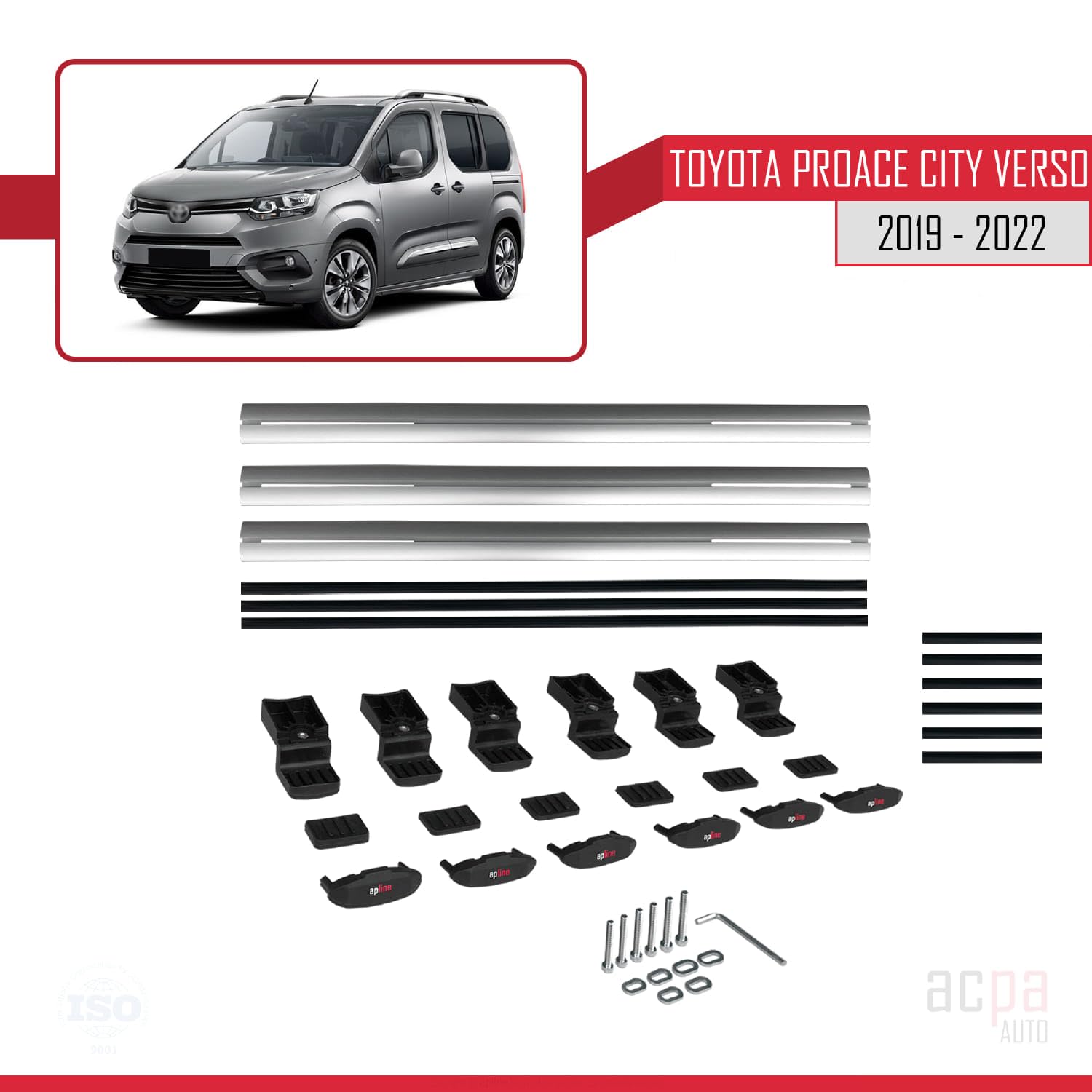 Ipqi Barras De Techo Para Toyota Proace City Verso 2019-2022: 3 Barras De Aluminio Negro, Portaequipajes De 75kg