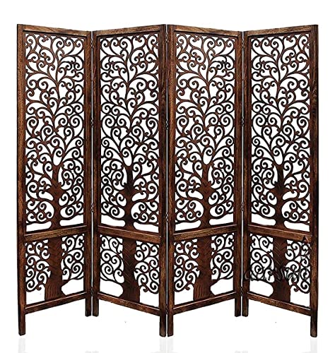 Image of Wooden Room Partition /Screen /Room Divider /Room Separator Traditional Handicrafts 6Ft (Dark Brown) (Tree 4 Panel)