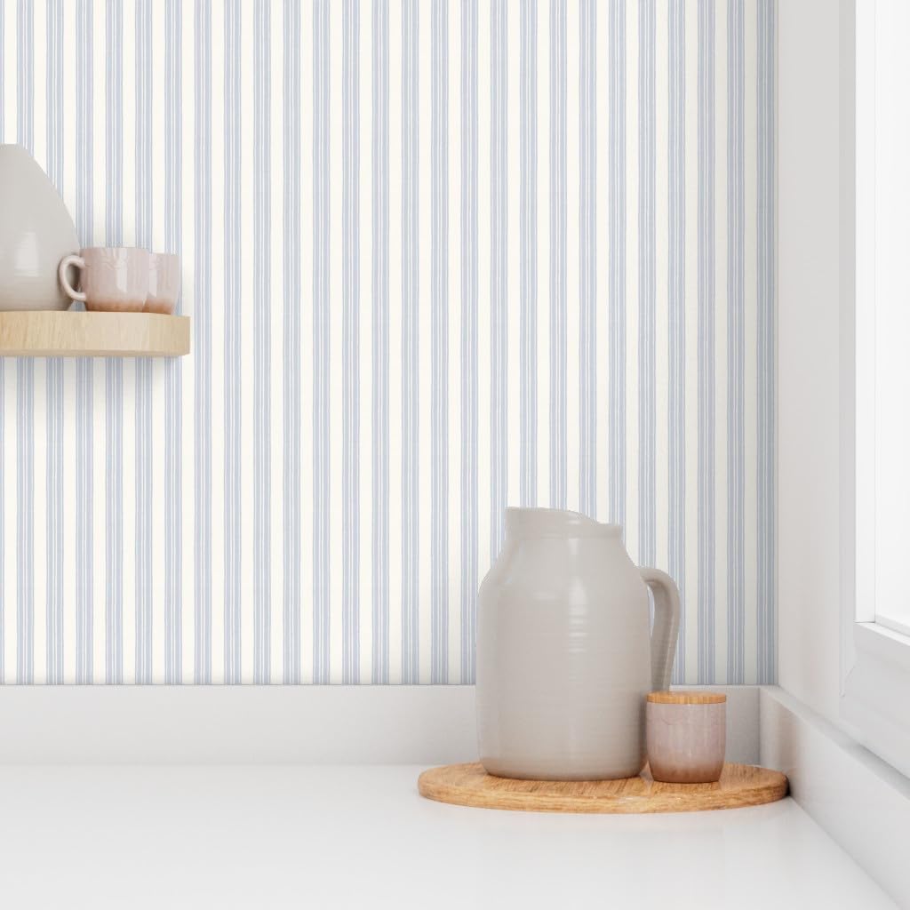 Peel & Stick Wallpaper Swatch - Blue Ticking Stripe,Traditional,Coastal,Vintage antiqu,Blue White,Cottage,grandmillenial,Classic Custom Removable Wallpaper by Spoonflower