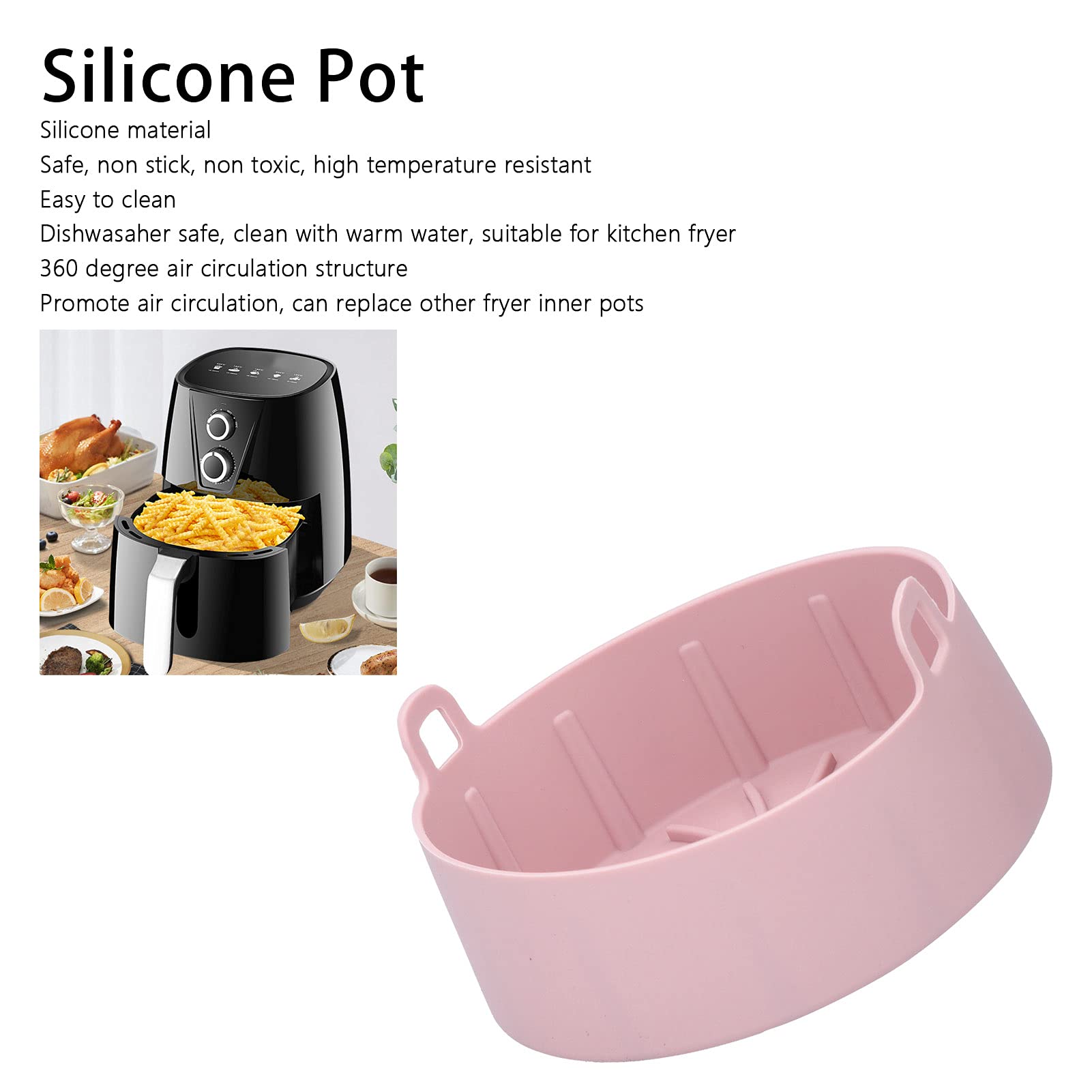Air Fryer Silicone Pot, Reusable Silicone Pot Air Fryer Replacement Basket Silicone Fryer Pot Air Fryer Silicone Liners Pot for Home Kitchen(Pink)