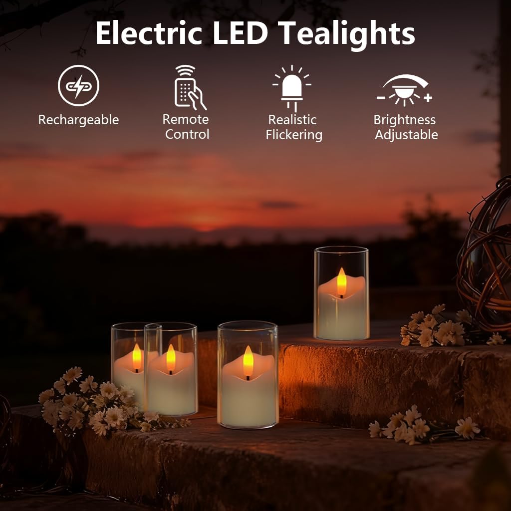 Rechargeable Flameless Candles with Remote, 1.5H Fast Charge 60H Runtime, 6 Realistic Drip Design + 6 Windproof Slanted Covered, Timer Dimmable for Wedding Patio Decor, 12-Pack