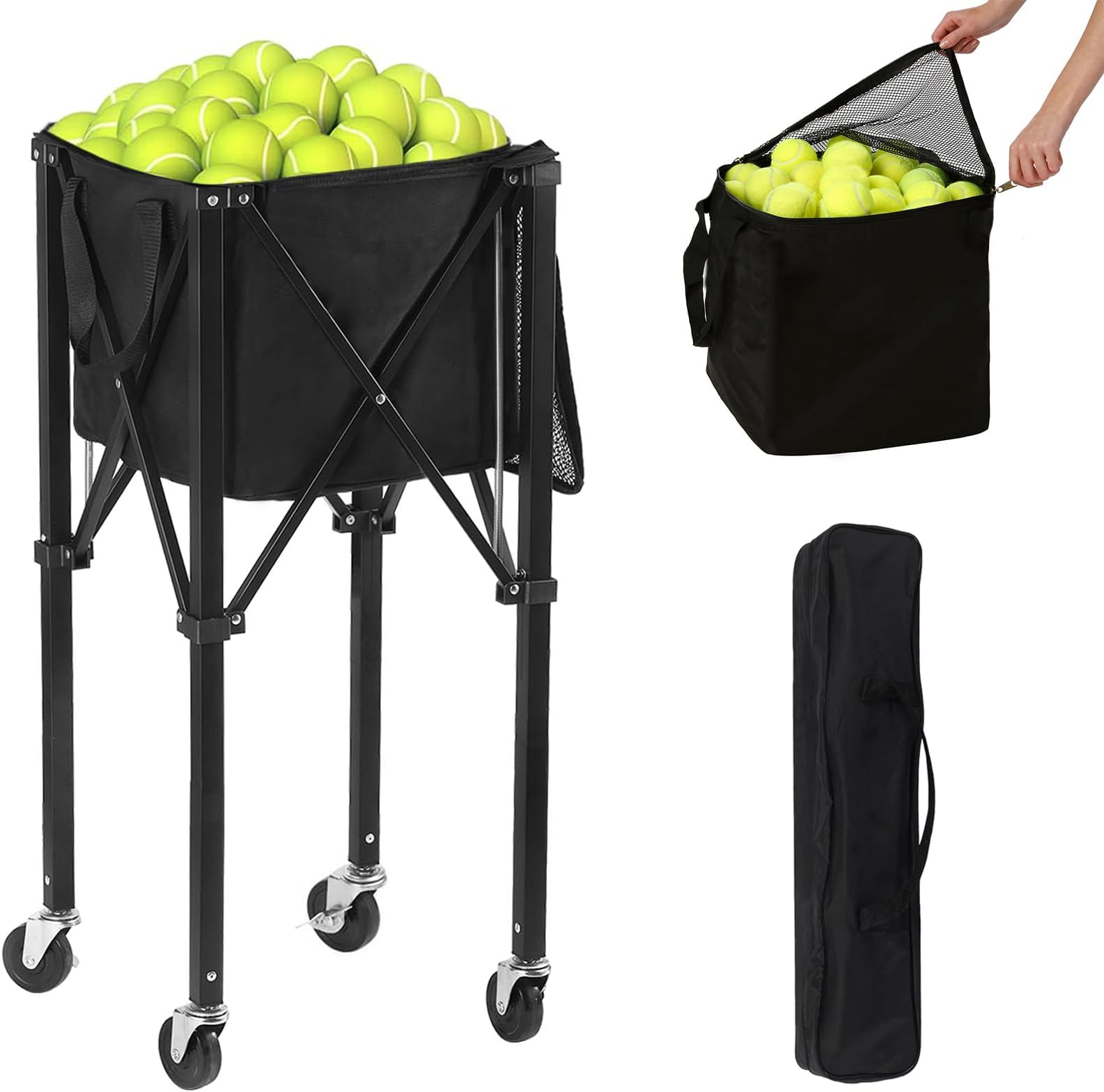 Tennis Ball Hopper Pickleball Removable Waterproof Basket with Carry Bag, Wheel Locks for Tennis Coaches Players Schools Clubs, Tennis Court Equipment/Accessory (165 Balls Capacity)