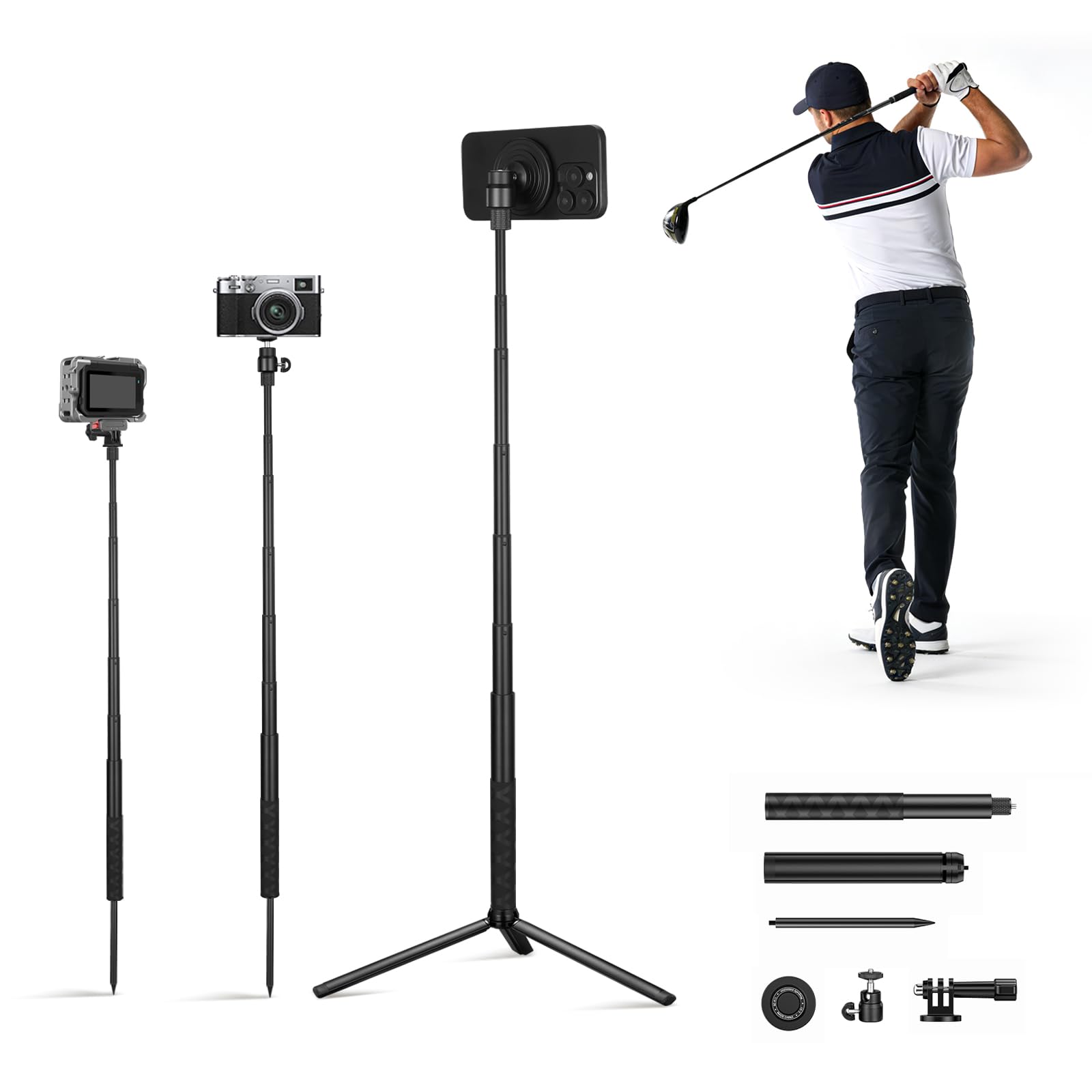 Photo 1 of Monopod and Tripod Selfie Stick to Record Golf Swing Training Aid with Ground Spike Stake & Gopro Adapter & 1/4" Screw, Magnetic Golf Phone Holder Compatible with Magsafe iPhone