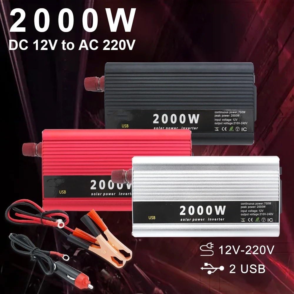 Inverter Convertitore Nero Rosso Argento Dual USB 2000W Portatile Inverter Caricabatterie Convertitore Adattatore DC 12V/24V A AC 220V 230V Presa Universale(12V 220V Red)