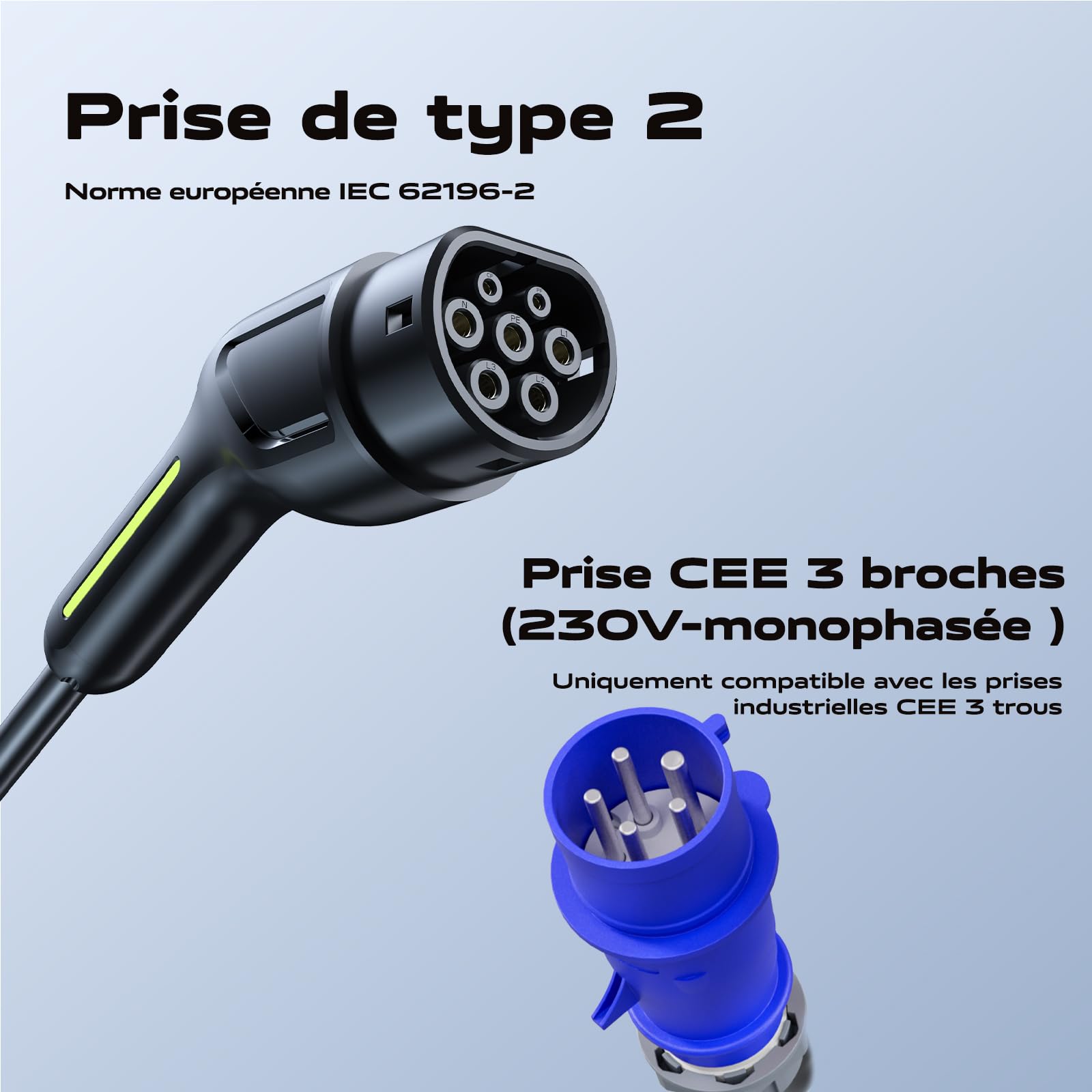Chargeur Voiture Electrique, 7.36KW Cable Recharge Voiture Electrique Type 2, VDLPOWEREU Chargeur EV avec Courant Réglable de 6A/8A/10A/13A/16A//20A/24/32A, Monophasée CEE 3 Broches, IEC 62196-2, IP65