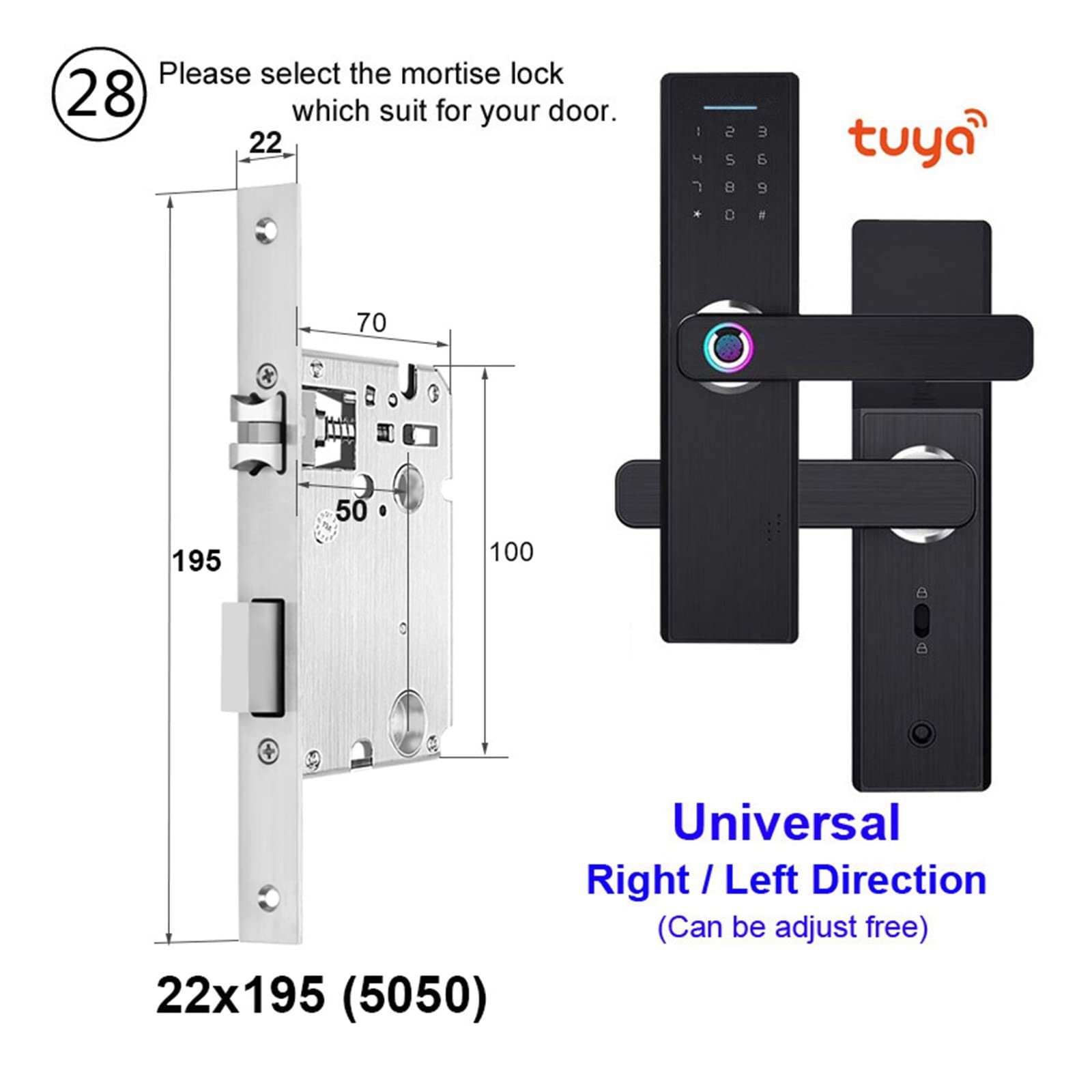 Serratura elettronica con APP Tuya da remoto/impronta digitale biometrica/smart card/password/chiave per porta d'ingresso(FG5 Plus-22x195 5050)