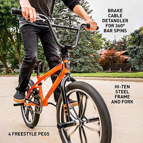 Mongoose Legion Mag Freestyle Sidewalk BMX Bike for-Kids,-Children and Beginner-Level to Advanced Riders, 20-inch Wheels, Hi-Ten Steel Frame, Micro Drive 25x9T BMX Gearing, Orange