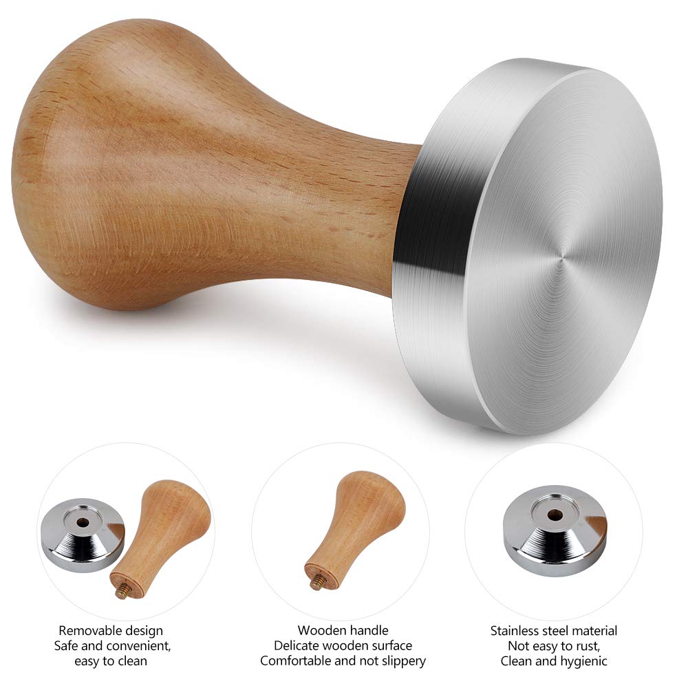 Tamper do espresso, 51 mm, Tamper do kawy ze stali nierdzewnej z eleganckim uchwytem z prawdziwego drewna , do ekspresu do kawy, sitko