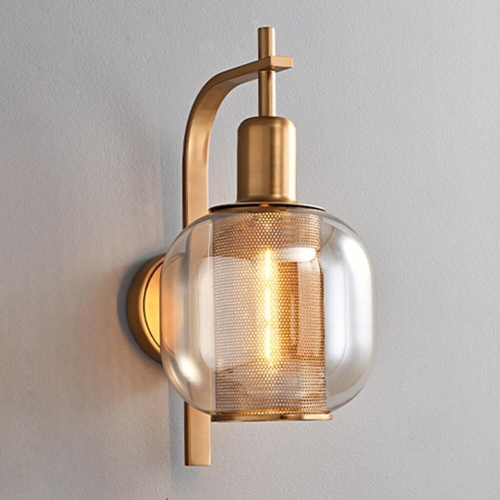HXYSXHJUO Indoor Bedroom Wall Lamp Metal Vintage Sconce Glass Lampshade Lantern for Bedside Living Room Study Corridor Entryway Restaurant Mounted Lamp(Gold,15cm)