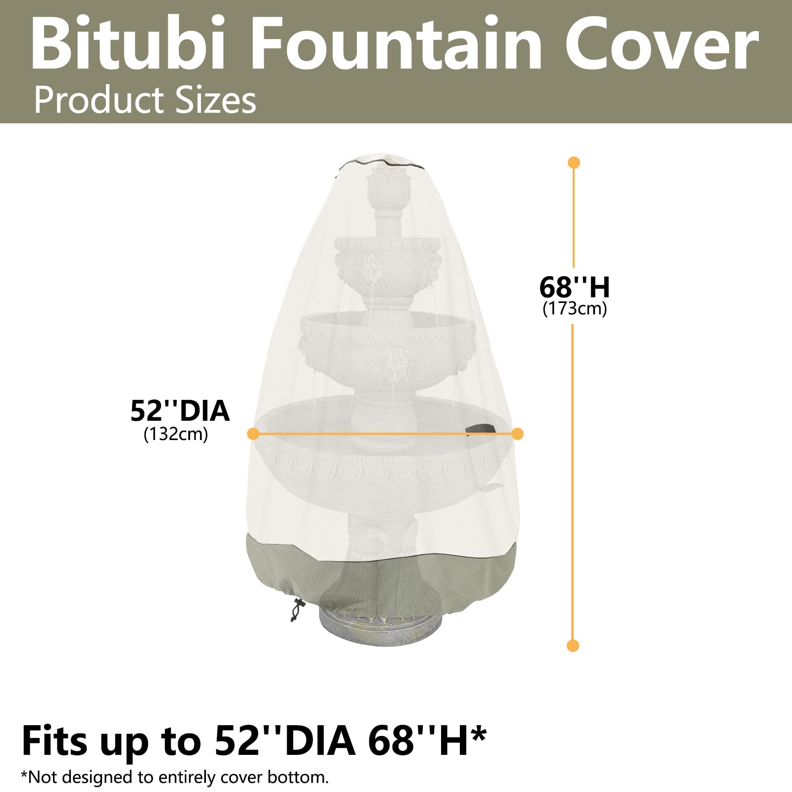 Bitubi Springbrunnen-Abdeckung (132,1 x 172,7 cm) 600D Oxford-Stoff Gartenbrunnen Statue Schutzhülle mit Kordelzug Wasserdicht Winddicht Springbrunnen Schutz