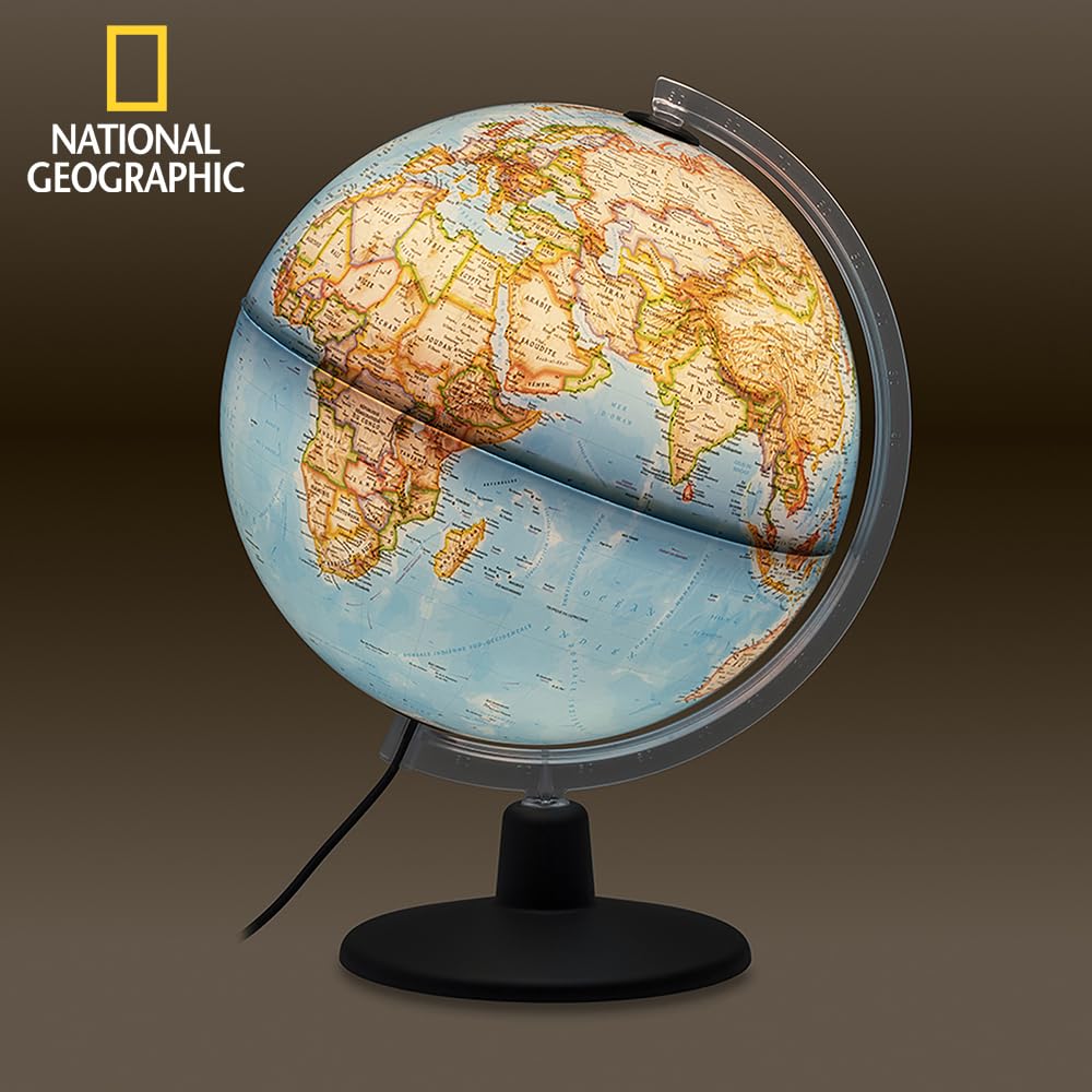 Tecnodidattica – Globe terrestre NATGEO Classic | Cartographie officielle physico-politique NATIONAL GEOGRAPHIC Classic | Lumineux et rotatif | Textes en français | Diamètre 30 cm