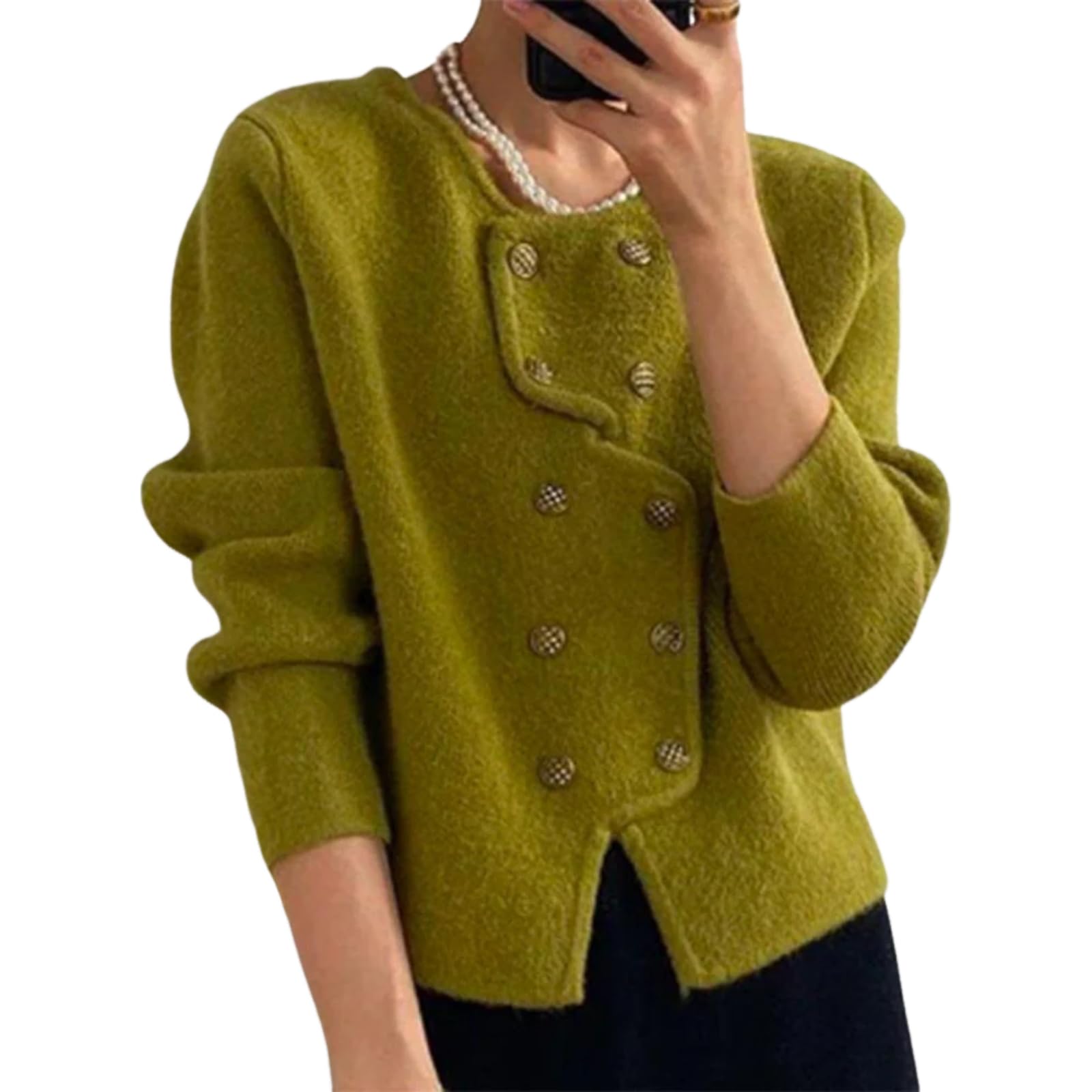 Womens Elegant Plain Long Sleeve Cardigan Sweater Open Front Crewneck Outfits Asymmetric Buttons Short Outerwear Coats