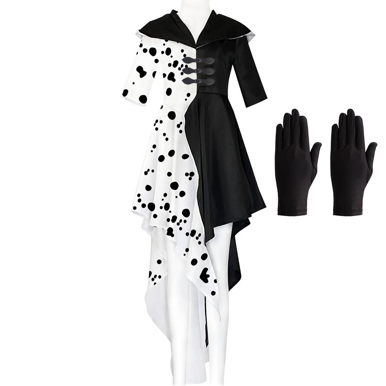 REIWIDE Halloween Cruella Deville Women's Costume: Cosplay Witch Dress Black White Dalmatian Dress - for Carnival Party Dress Up
