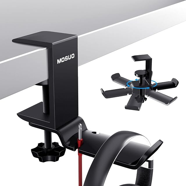 MOSUO Regulowany uchwyt na słuchawki, uchwyt na słuchawki biurkowe, obrotowy o 360 stopni, aluminiowy uchwyt na słuchawki, stojak na słuchawki Bluetooth, stojak na słuchawki gamingowe, czarny