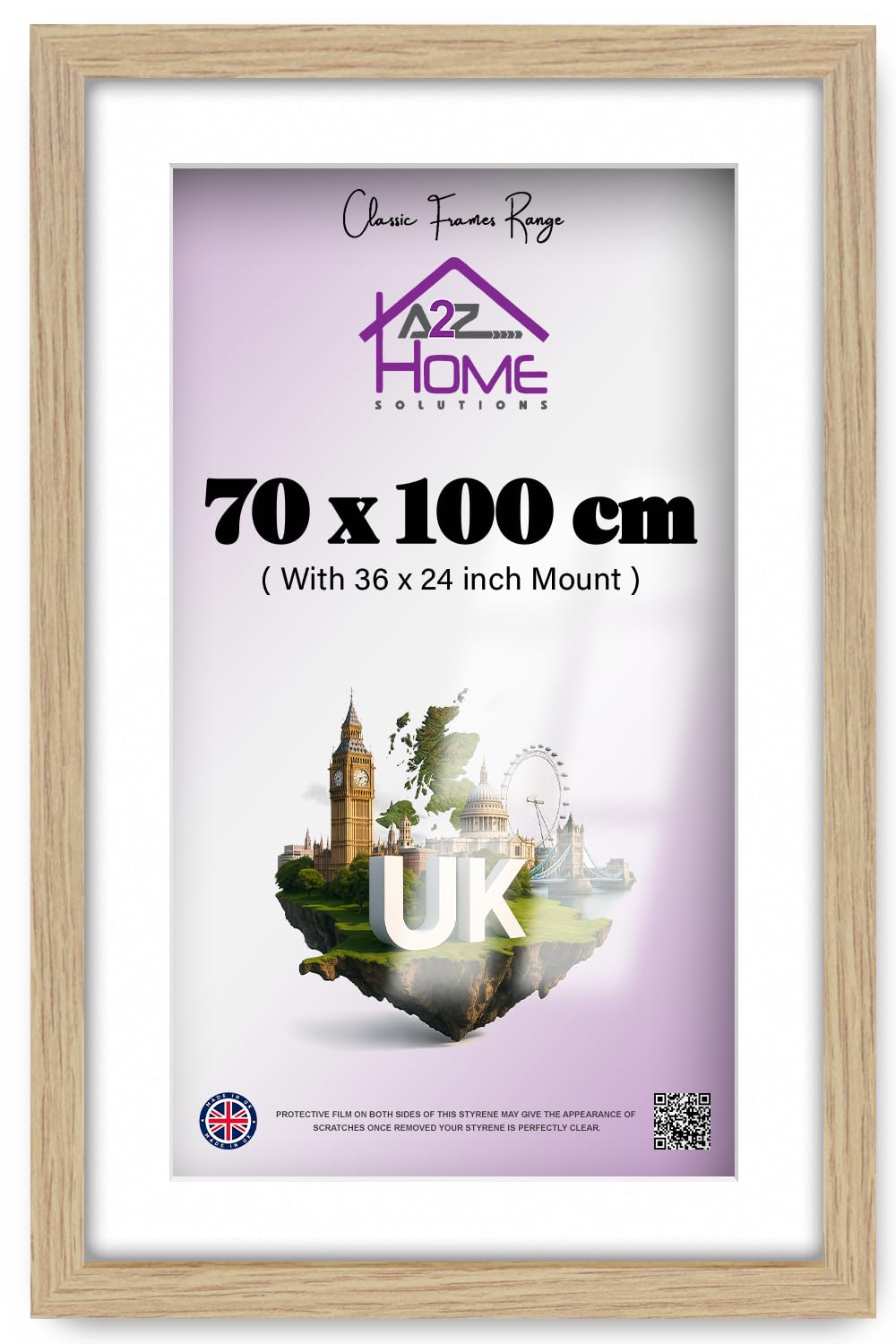 A2Z Home Solutions - Flat Classic Engineered Wood Finish 70 X 100 Cm Picture Frame With 91.44 X 60.96 Cm White Mount For Wall Gallery 40 X 28 Inch Home Décor Oak Poster Mount Ready