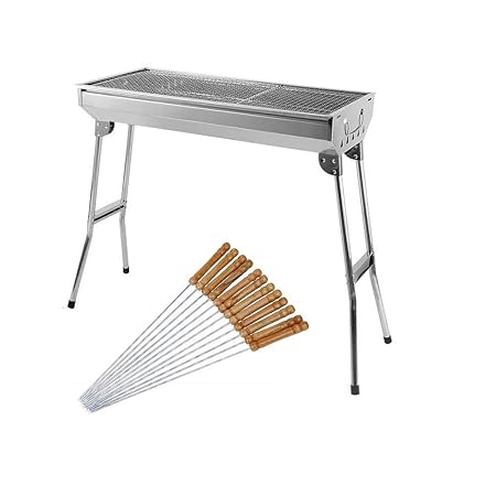 MD'S Home Foldable & Portable Big Size Stainless Steel Barbecue Charcoal Grill Outdoor Toaster with Stainless Steel 12 pcs Thick & Strong Grilling Skewers with Wooden Handle