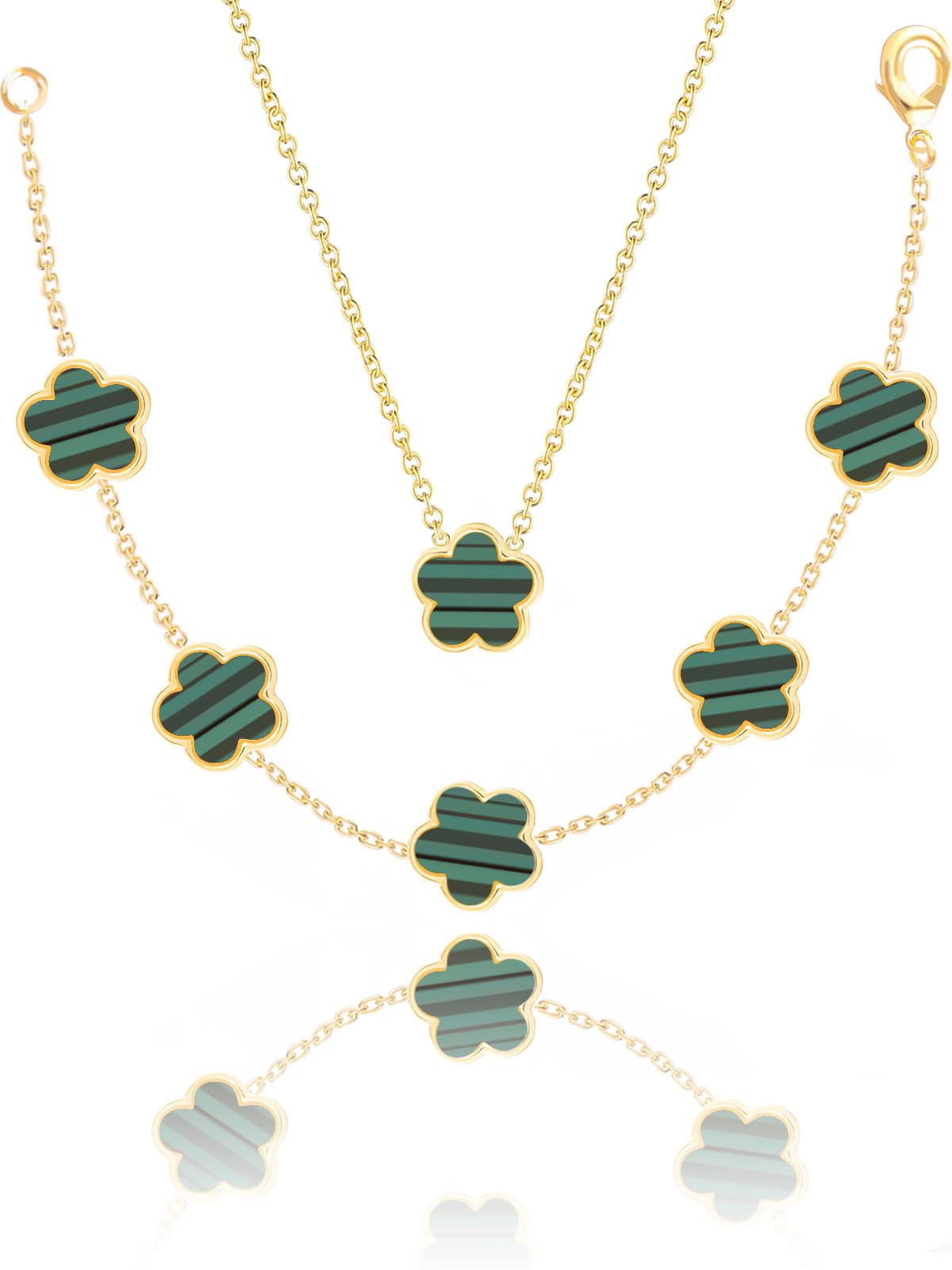 Qinpan Four Leaf Clover Necklace and Bracelet Set for Women Lucky Flower 14K Gold Jewelry