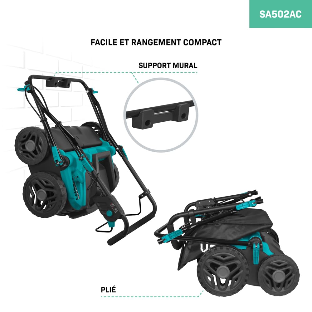 VONROC Scarificateur - Aérateur - 1500W - largeur de coupe 36 cm - 5 réglages : 4 réglages de profondeur de coupe (12/9/6/3 mm) + 1 mode transport (+10mm) - bac de ramassage 45L inclus