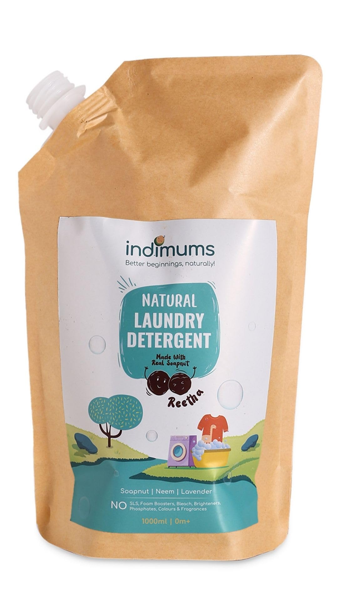 Indimums Reetha-Neem Natural Baby Laundry Detergent Liquid- Anti-Bacterial, Hypoallergenic, Plant & Herbs-Based, Gentle Yet Tough On Baby Stains & Smells, No Need For Conditioner, Refill- 1 Litre
