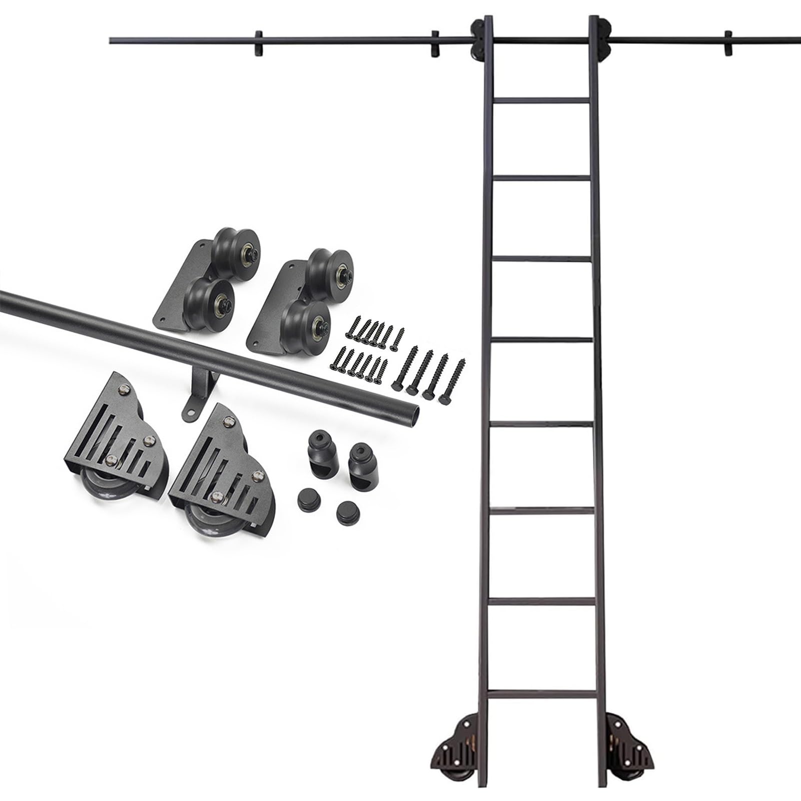 DONGGANSHI Rolling Ladder Sliding Hardware Track Kit with Bottom Wheels,3.3ft-24ft Black Steel Round Track/Rail for Kitchen,Loft,Warehouse,Dressing Room(No Ladders)(6.6ft/200cm Track Kit)