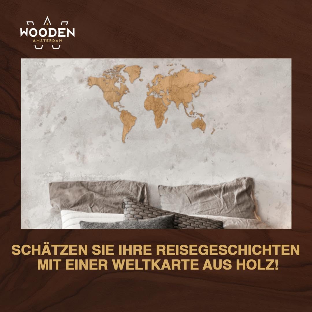 Weltkarte Holz DIY | 130 x 78 cm Wanddeko aus FSC-zertifiziertem HDF | 48 Pins & 25 Inseln zur Personalisierung | Weltkarte zum Pinnen Geschenkidee (Eiche)