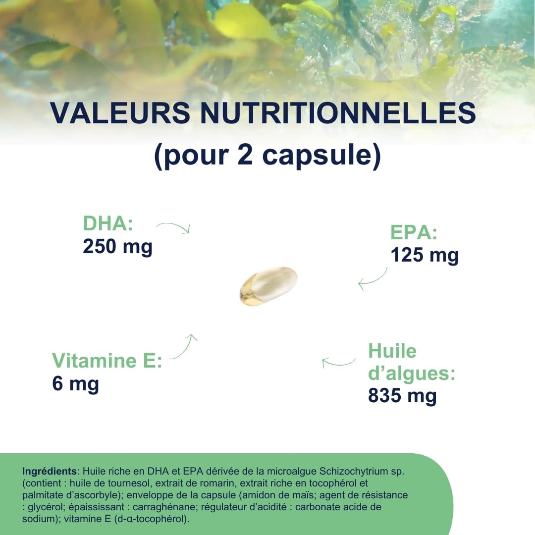 Omegor Veg - Huile de plantes dérivées d’Huile d’ Algues Durables | Le seul certificat IFOS | 250 mg de DHA et 125 mg d'EPA pour la capsule | 60 gélules, approvisionnement en 2 mois | 100% végétalien