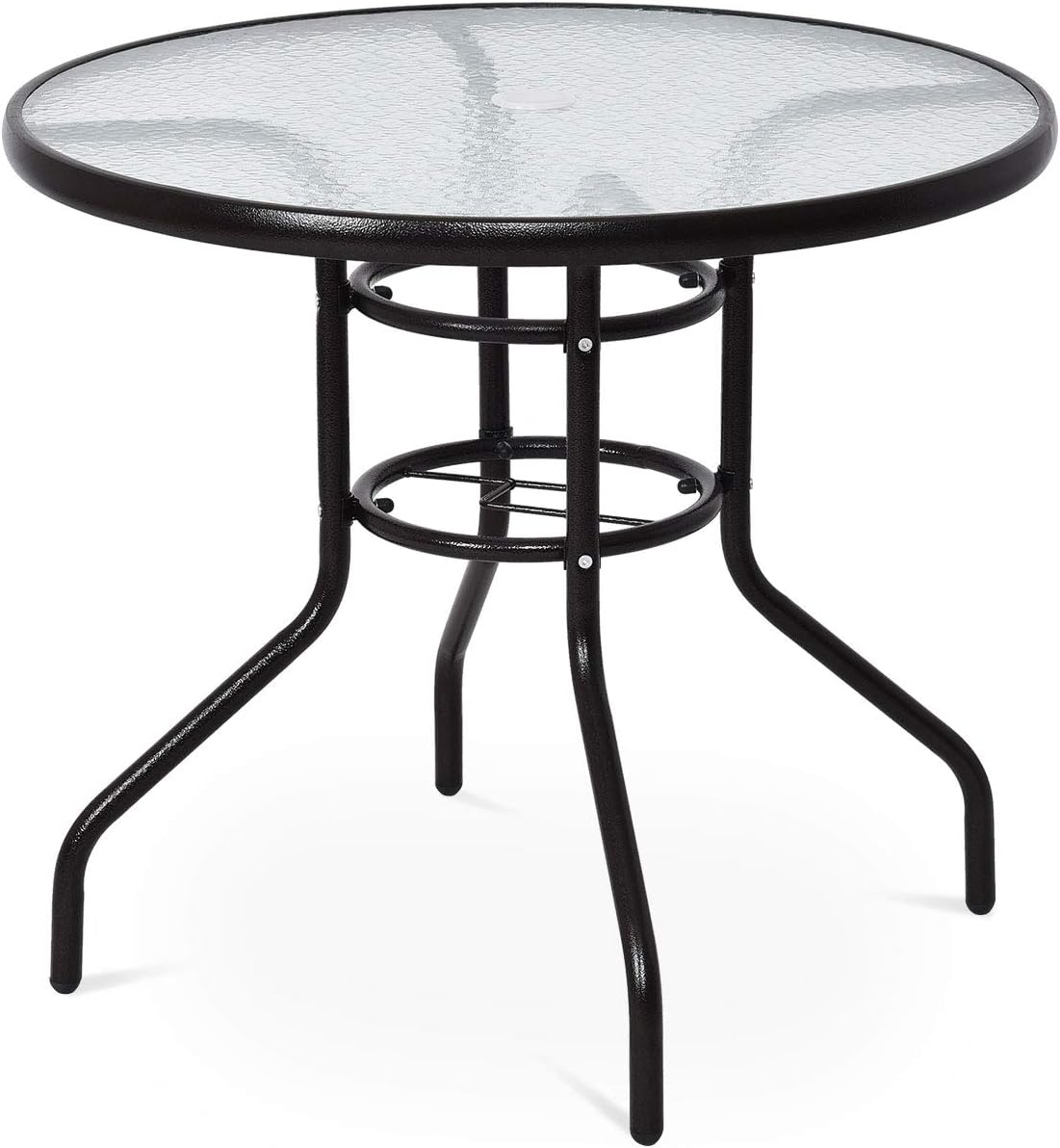 Tangkula 32-Inch Round Patio Dining Table with Tempered Glass Top, Metal Frame Outdoor Bistro Table with Umbrella Hole, Outside Table for Garden Poolside Balcony Yard
