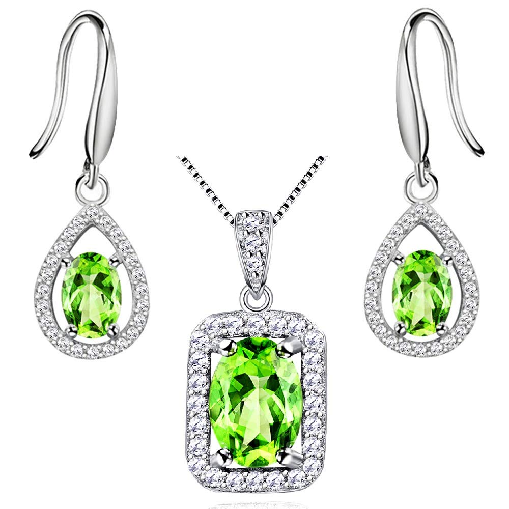 Uloveido Plata de ley 925 Peridoto verde Collar de piedra Colgante y pendientes Aniversario Conjunto de joyería de cumpleaños de boda para mujer FT001