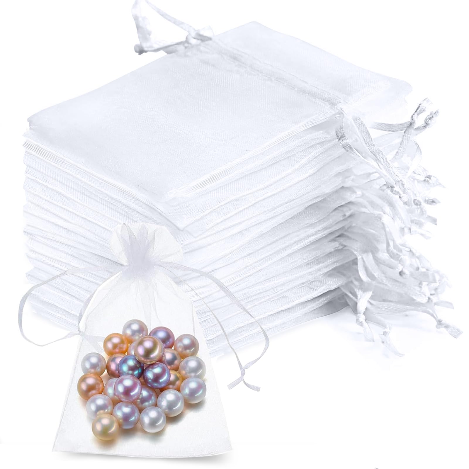 50 Sacchetti In Organza 10x15 Cm Bianchi | Con Cordino | Per Matrimoni, Bomboniere, Gioielli