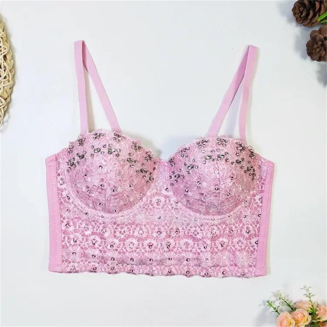 Yeuyyben Top corto de encaje con hombros descubiertos y diamantes de imitación para mujer, corte ajustado, sin mangas, para verano, casual, elegante, blanco, M