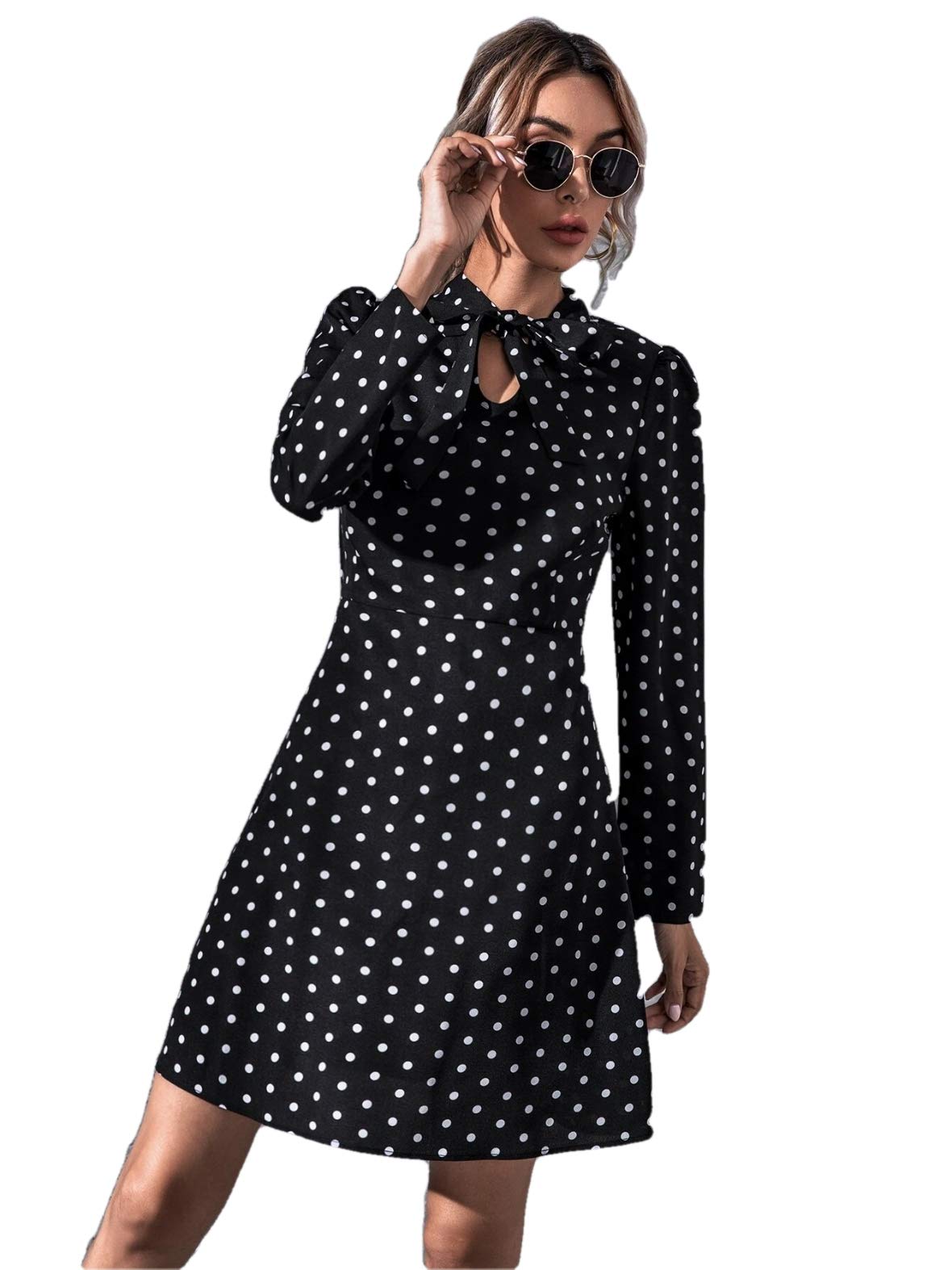 Istyle CanTie Neck Long Sleeve Polka Dot Print Mini Dress for Women