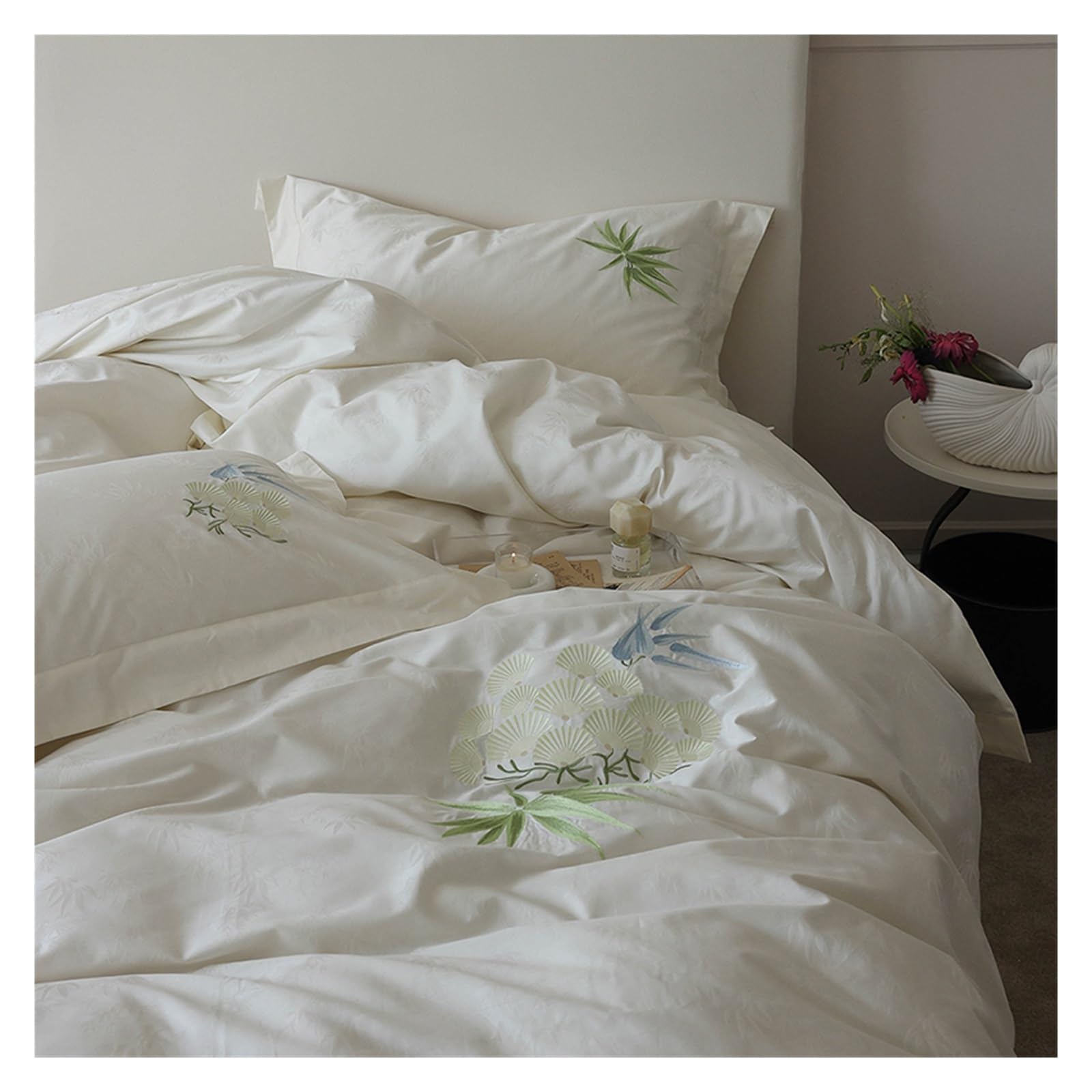 S5b8W3g7 Bedding set Chinese Bamboo Embroidery White Duvet Cover, 100% Cotton Comfortable, Soft and Breathable Bedding Set Home Textile