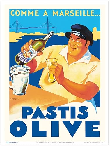 Pastis Olive Aperitif - La leche de Provenza Francia - Póster publicitario francés vintage por Marc c.1936 - Impresión artística maestra de 9 x 12