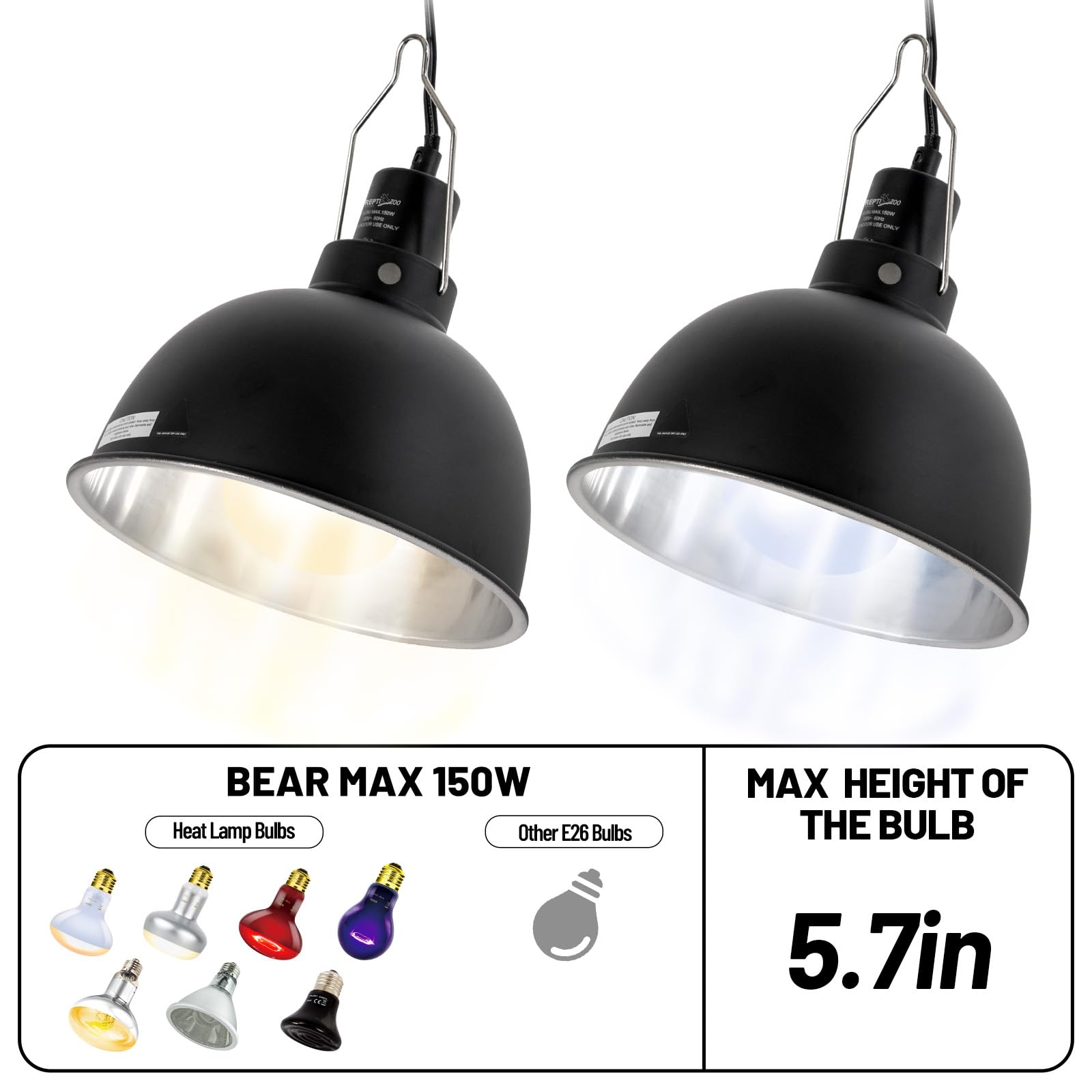 REPTI ZOO Reptile Light Fixture 2 Pack, 8.5inch Deep Dome Reptile Heat Lamp with Separate Switch and Hook, Basking Light Fixture for Bearded Dragon Snake Lizard, Suitable for E26 Bulbs Up to 150W - image 4