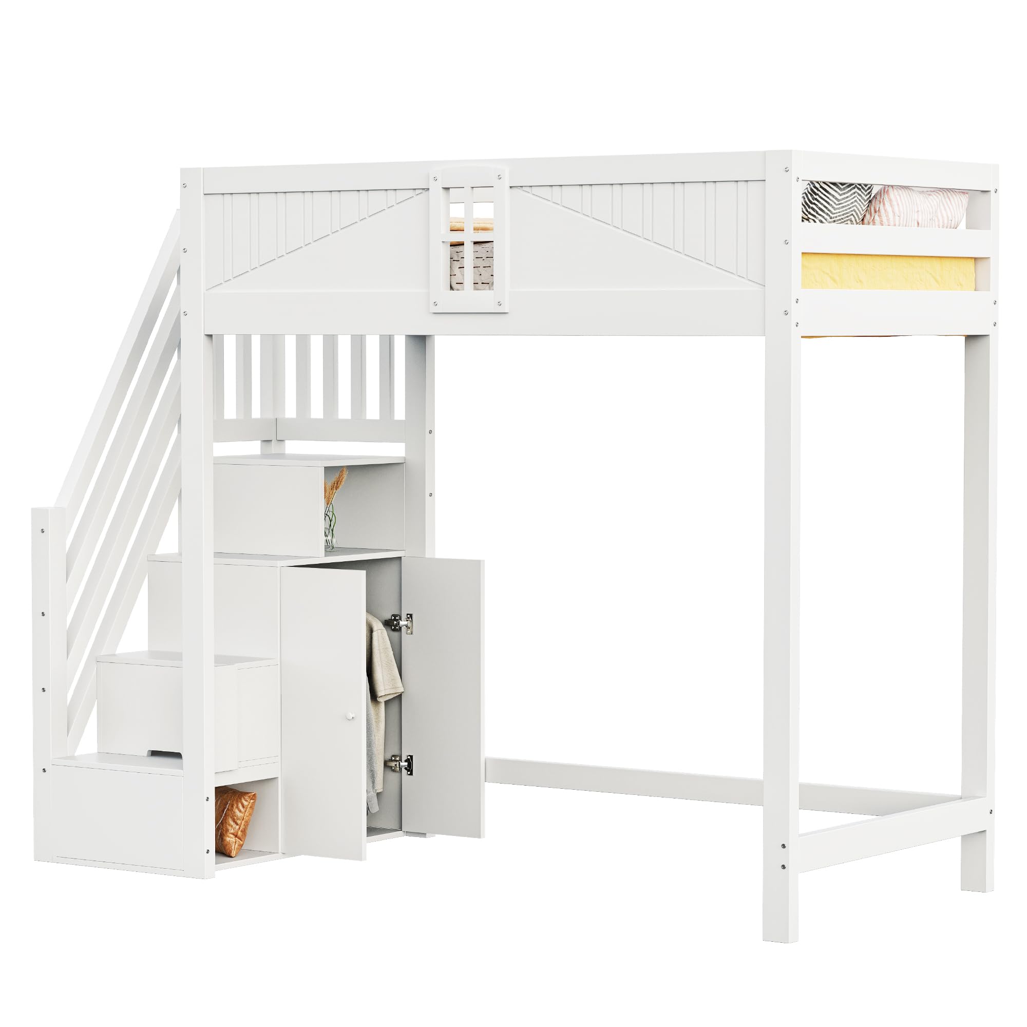 Azkoeesy Letto a soppalco per bambini con scala e armadio, 90 x 200 cm, in legno di pino, grigio-bianco, design a forma di finestra, per adulti e ragazzi (bianco)